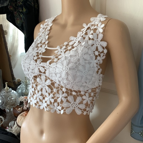 White lace backless long bustier bralette bra crop top M - Picture 1 of 10